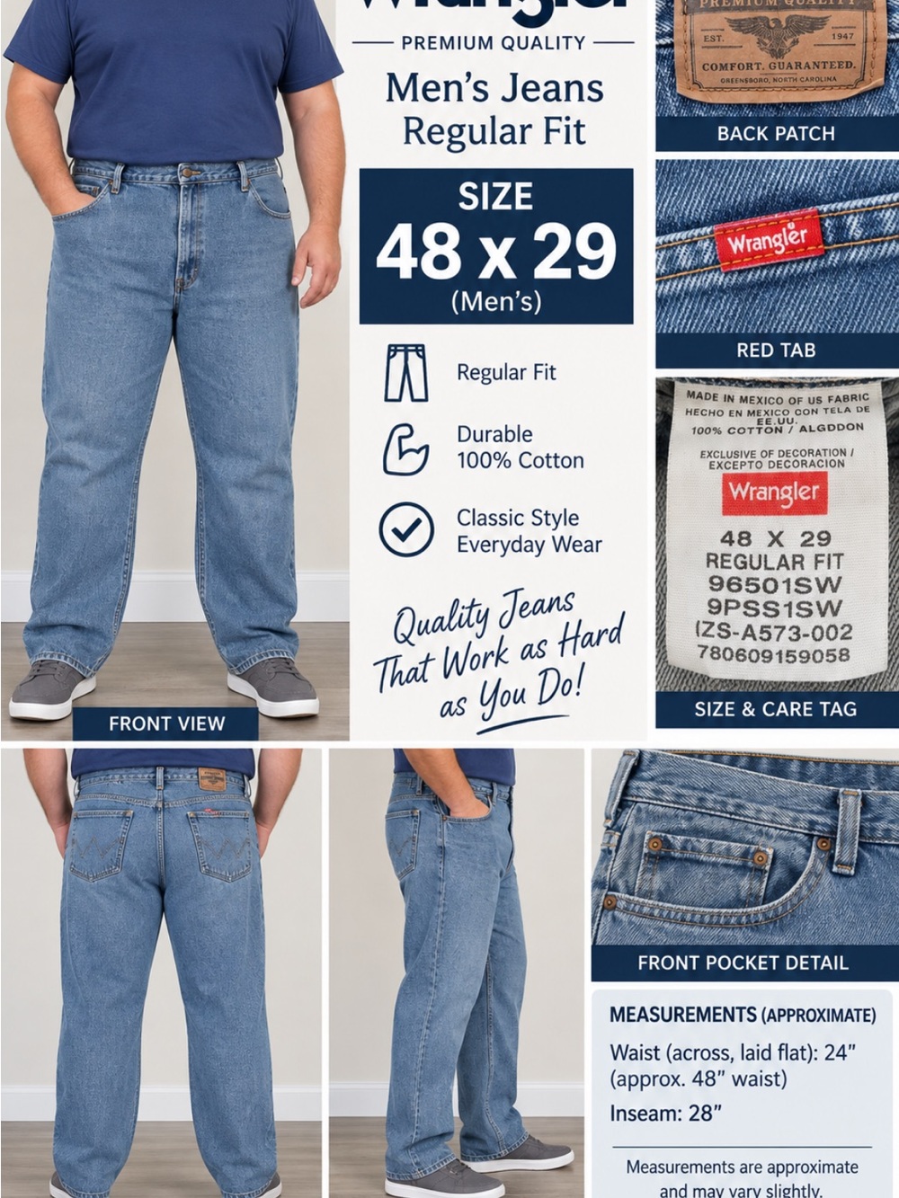 Wrangler Men's Relaxed Fit Blue Jeans Size 48x29